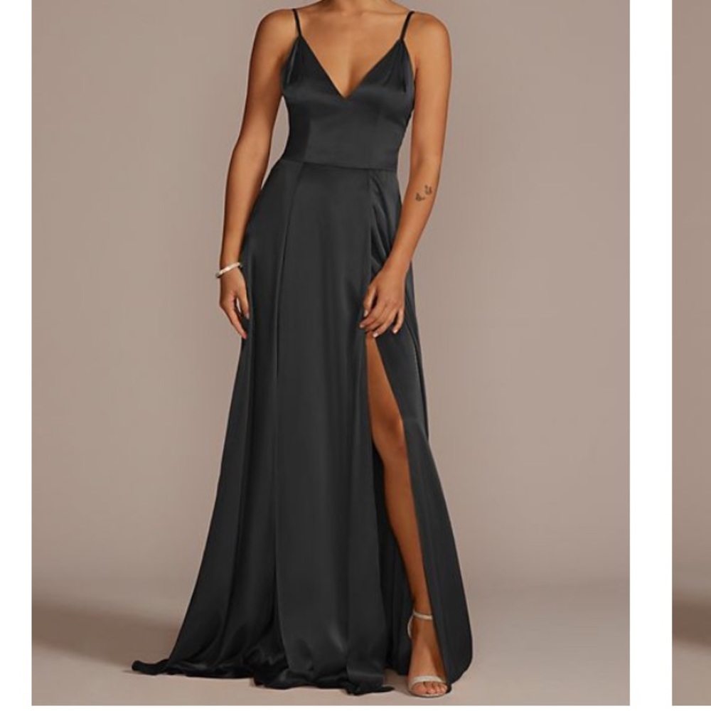 Black David’s Bridal Galina Signature charmeuse deep v-neck bridesmaid dress